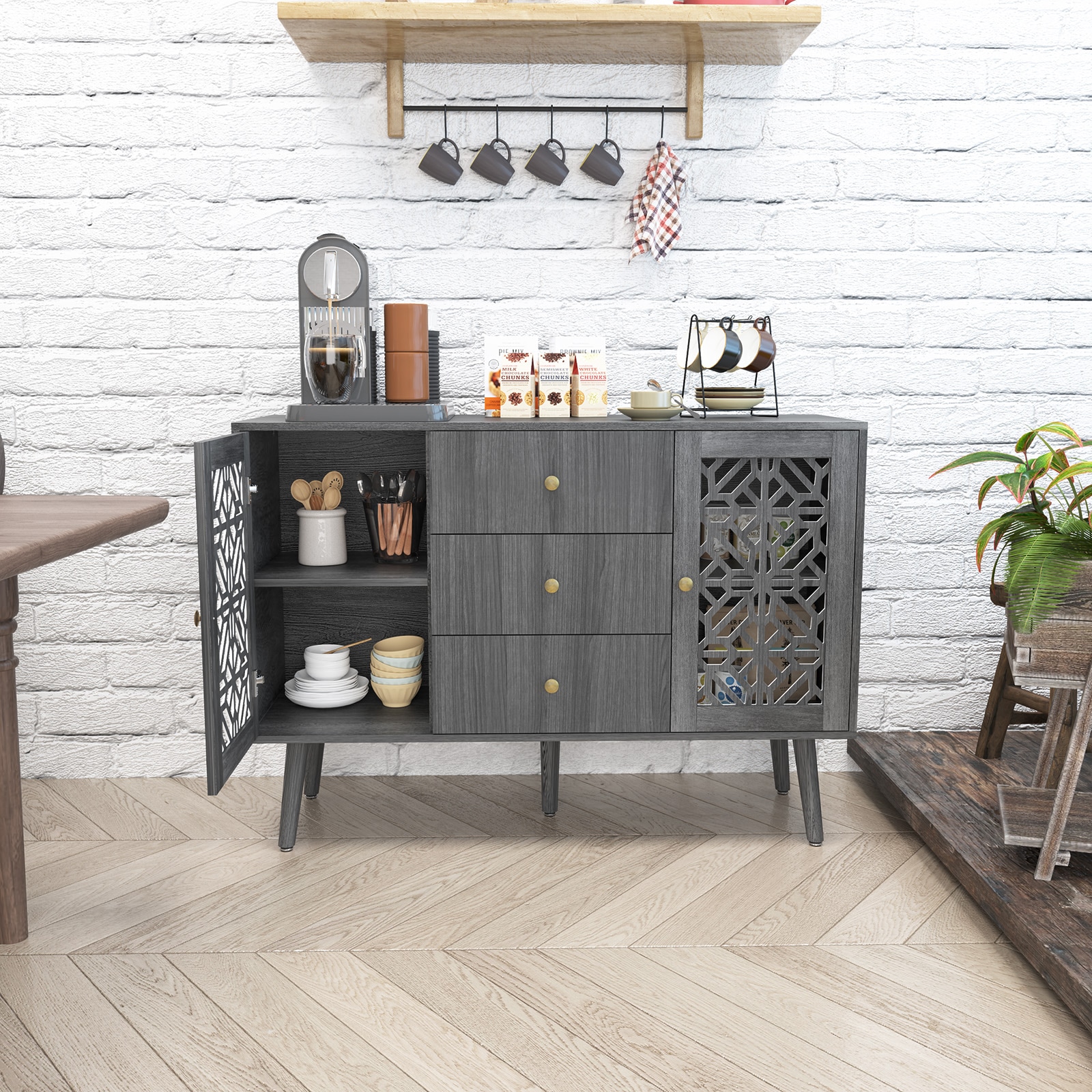 Accent Cabinet With Drawers And 2 Doors, Retro Hollow Carved Buffet Cabinet, Sideboard With Storage, Credenza For Living Room, Kitchen, Dinning Room, Hallway_voghion.com